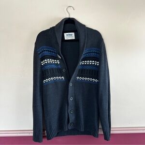 Urban Pipeline Charcoal Cardigan with Blue and White Patterns